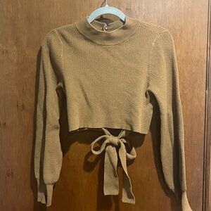 Double Zero Ribbed Tie-Front Sweater in Camel Brown